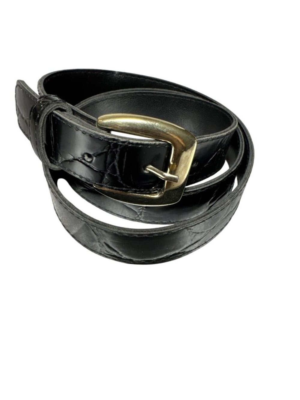 Womens Black Faux Croc Leather Belt With Gold Buckle